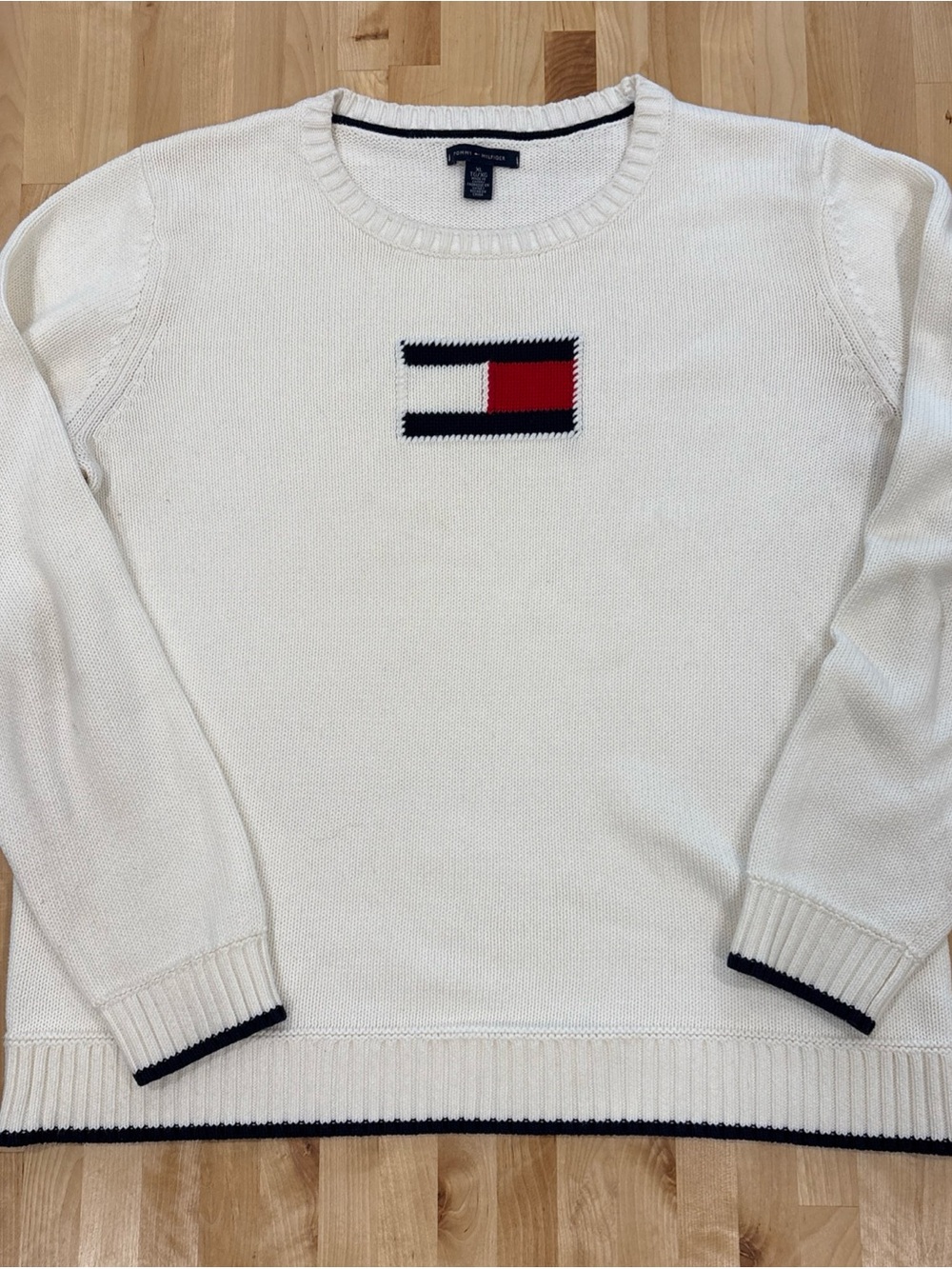 Women’s Tommy Hilfiger Knitted Sweater Jumper Cream Size XL 💯 Cotton Flag logo